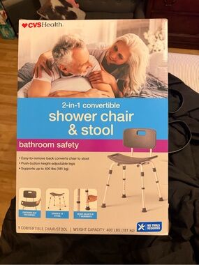 New in Box never opened.  CVS 2-in-1 Convertible safeShower Chair & Stool - Gray